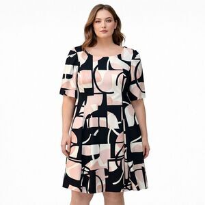 DKNY Dress Womens 14 Multicolor Geometric Half Sleeve A Line Knee Length